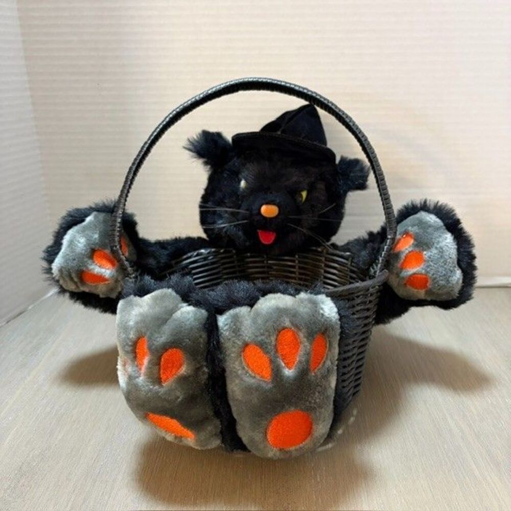 Vintage Fact Games Halloween Black Plush Cat in Witch Hat Woven Candy Basket